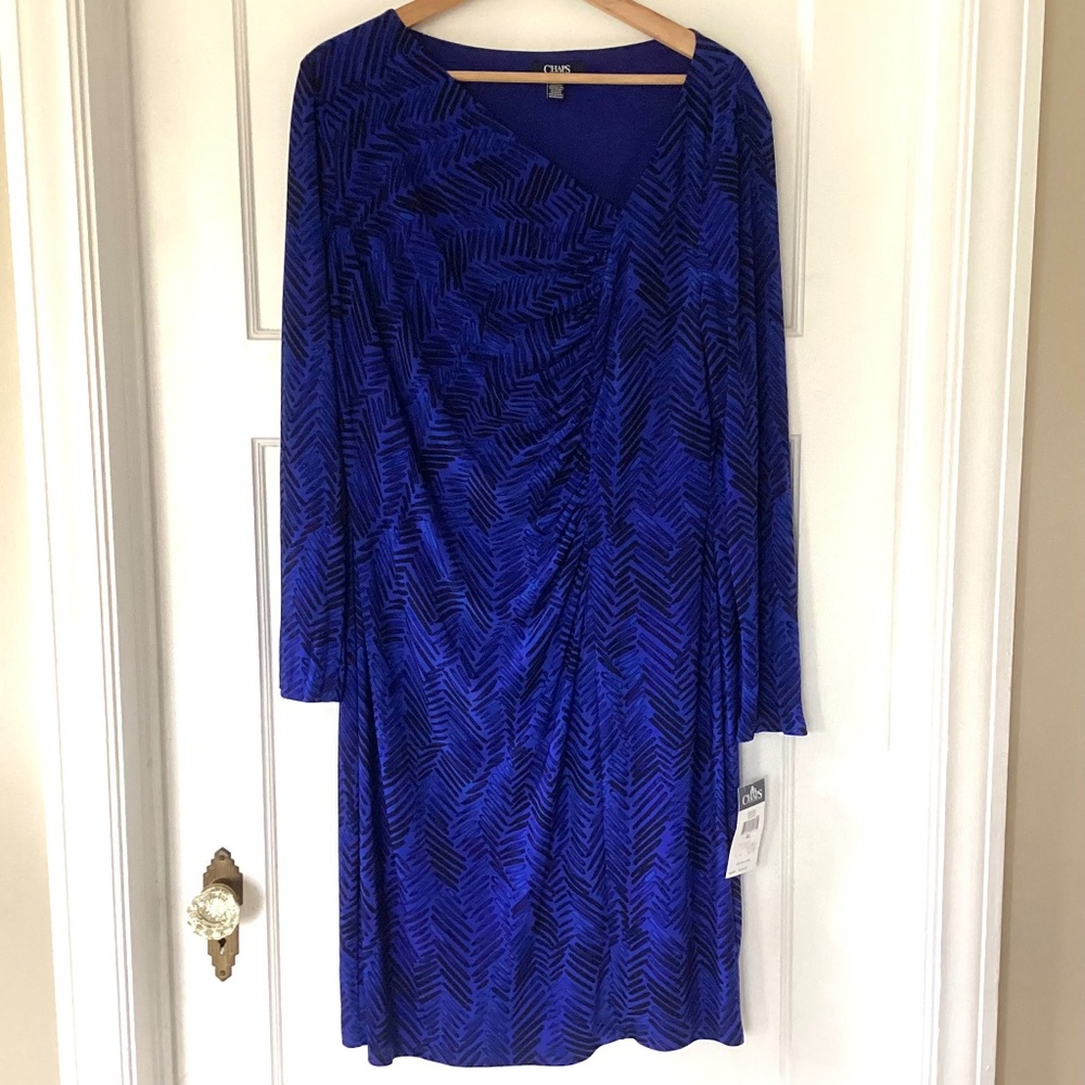 CHAPS long Sleeve Asymmetrical Vneck Ruched Stretch Dress XL Blue Geometric NWT